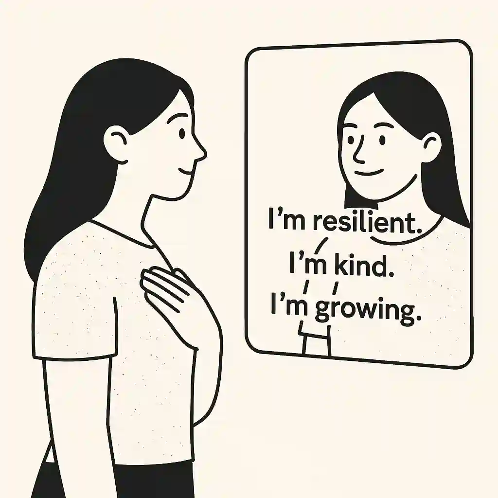 Minimalist illustration of a woman smiling at her reflection with affirmations ‘I’m resilient, I’m kind, I’m growing,’ symbolizing self-compassion and the Mirror Rule.