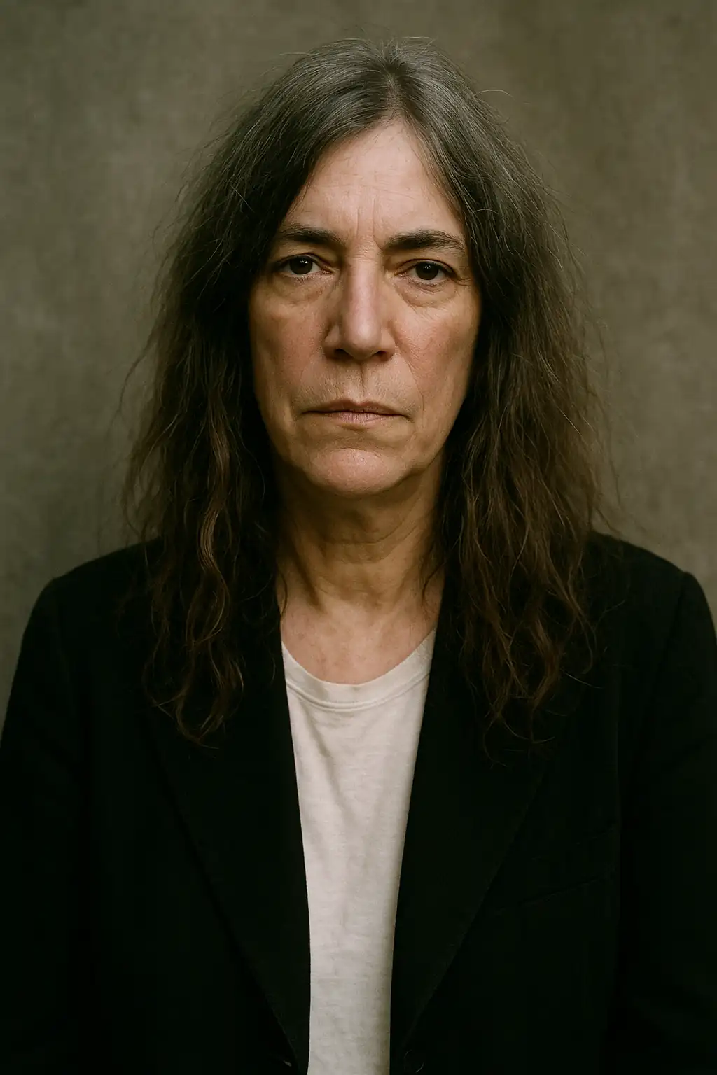 Portrait of Patti Smith with long wavy hair wearing a black blazer and neutral-toned shirt, looking directly at the camera.