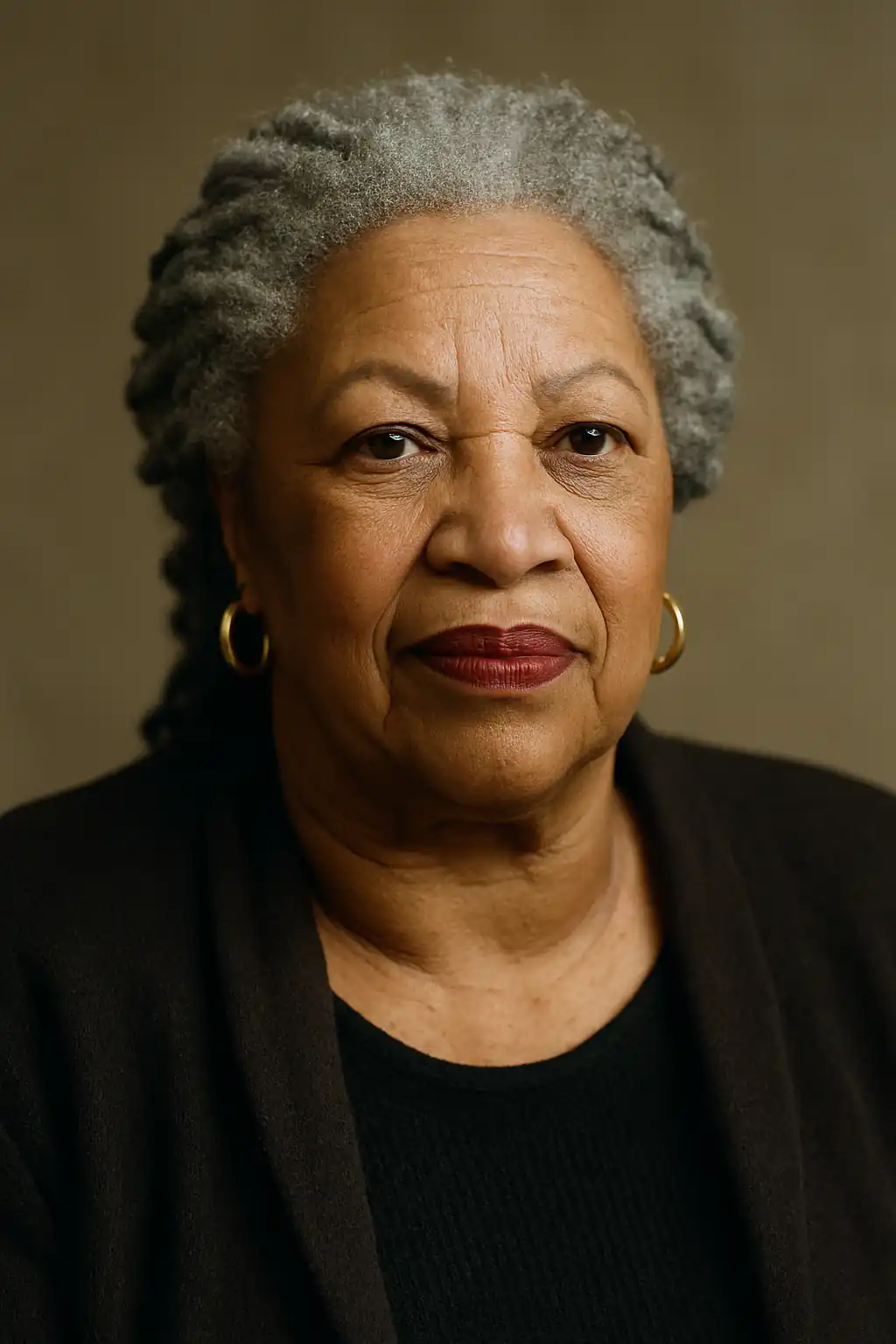 Portrait of Toni Morrison with gray textured hair, gold hoop earrings, and a calm, confident expression.