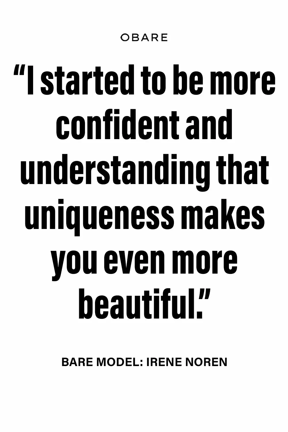 Editorial quote card featuring Irene Noren on confidence and individuality from an OBARE photo essay