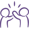 Three figures with raised arms in a celebratory group pose, illustrated in purple