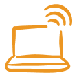 Hand-drawn illustration of a laptop with wireless signal waves, illustrated in orange.