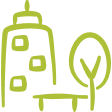 Hand-drawn illustration of a building and a tree, illustrated in olive green.
