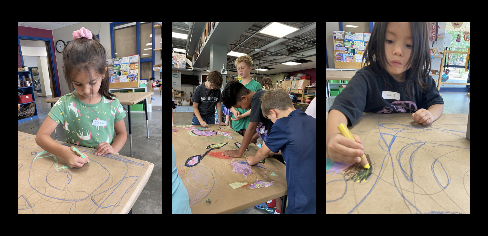 Students working in the art room with various art materials. 
