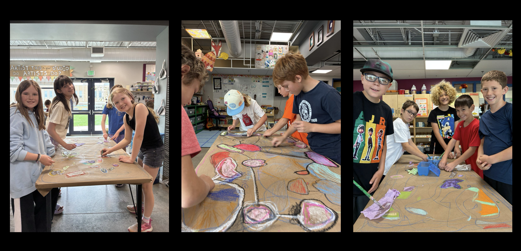 Students working in the art room with various art materials. 