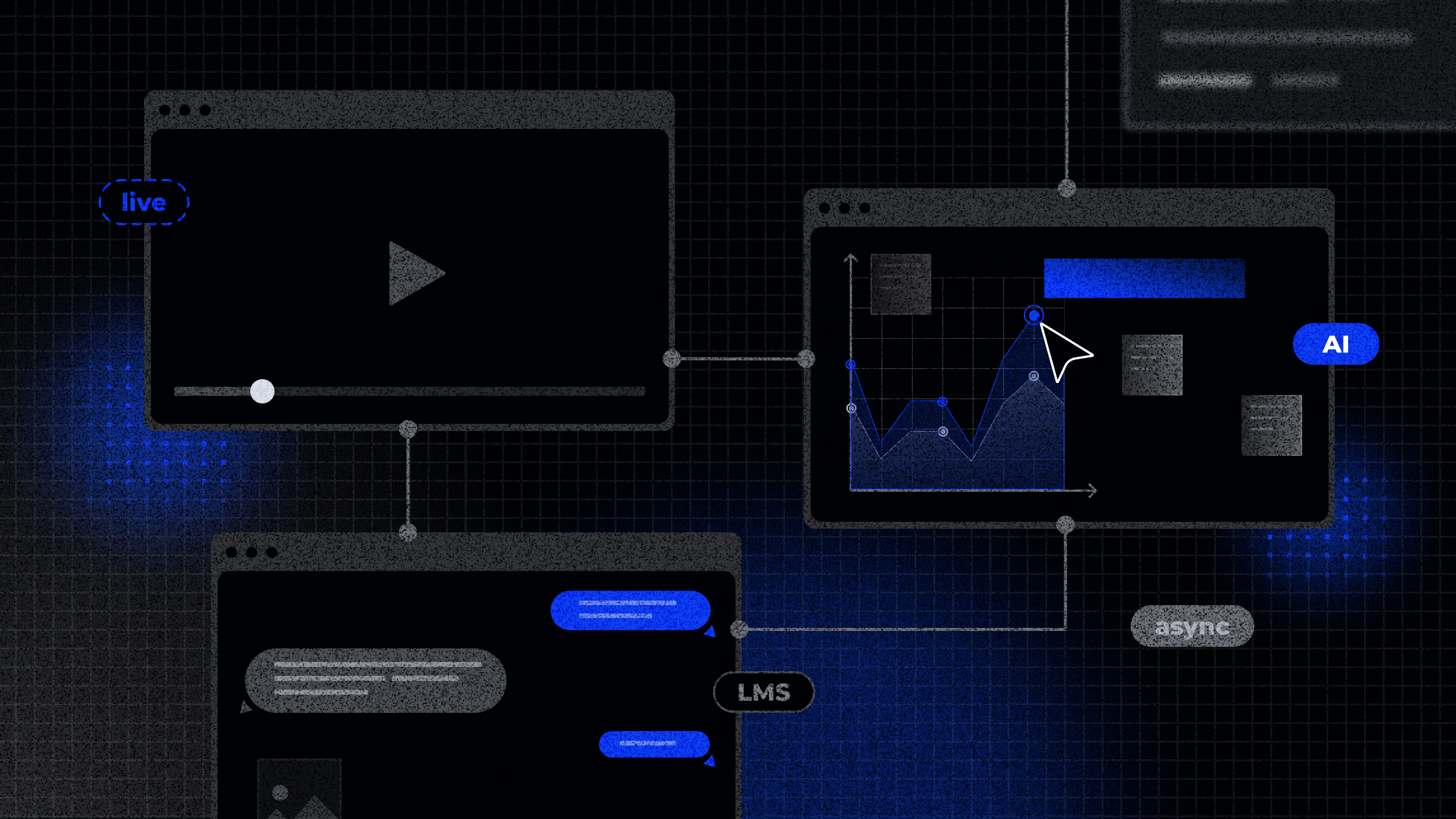 Illustration of a virtual classroom platform: live video lesson, chat, LMS integration, analytics dashboard, and AI tools connected in one system.