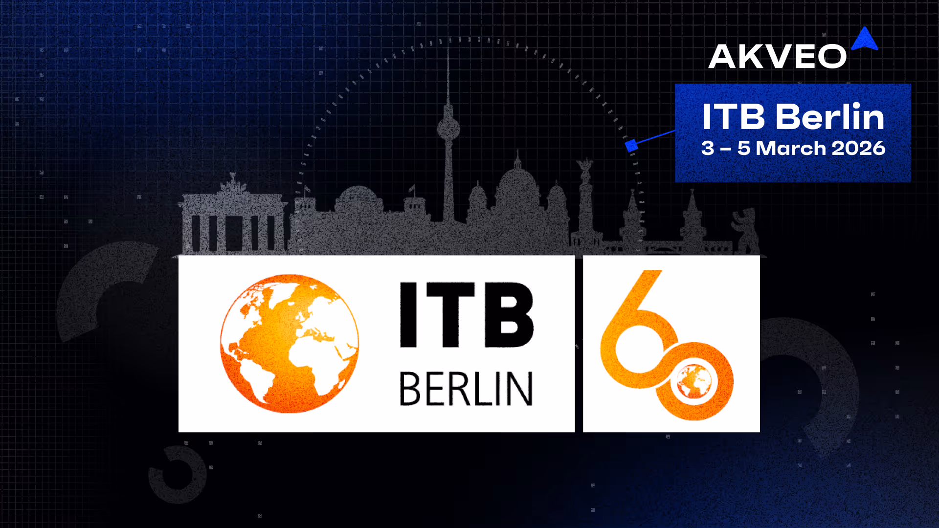 ITB Berlin 2026 icon near symbols of Berlin with Akveo logo