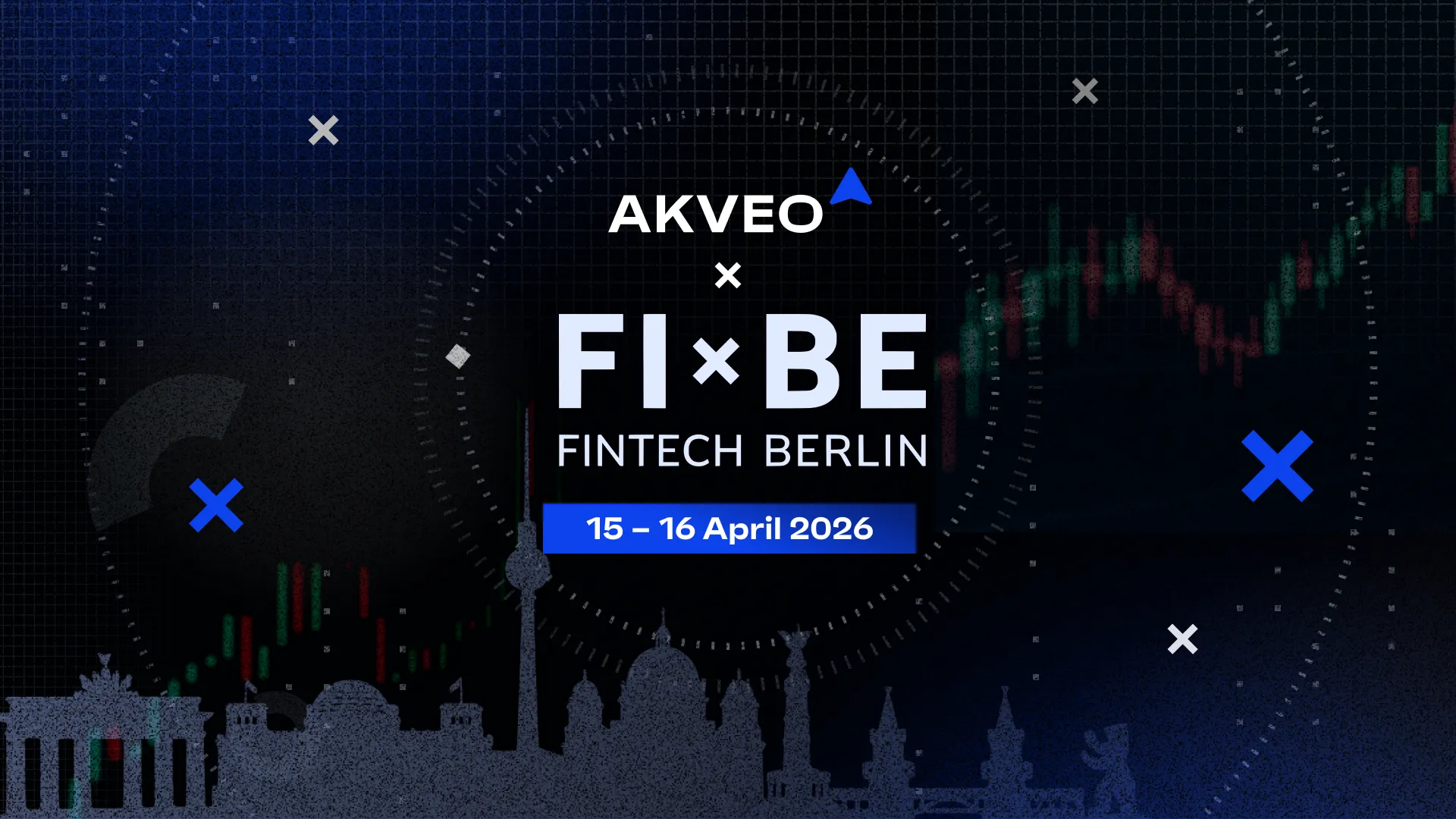 Akveo and Fibe logo with a sights of Berlin on background and geometric fintech patterns