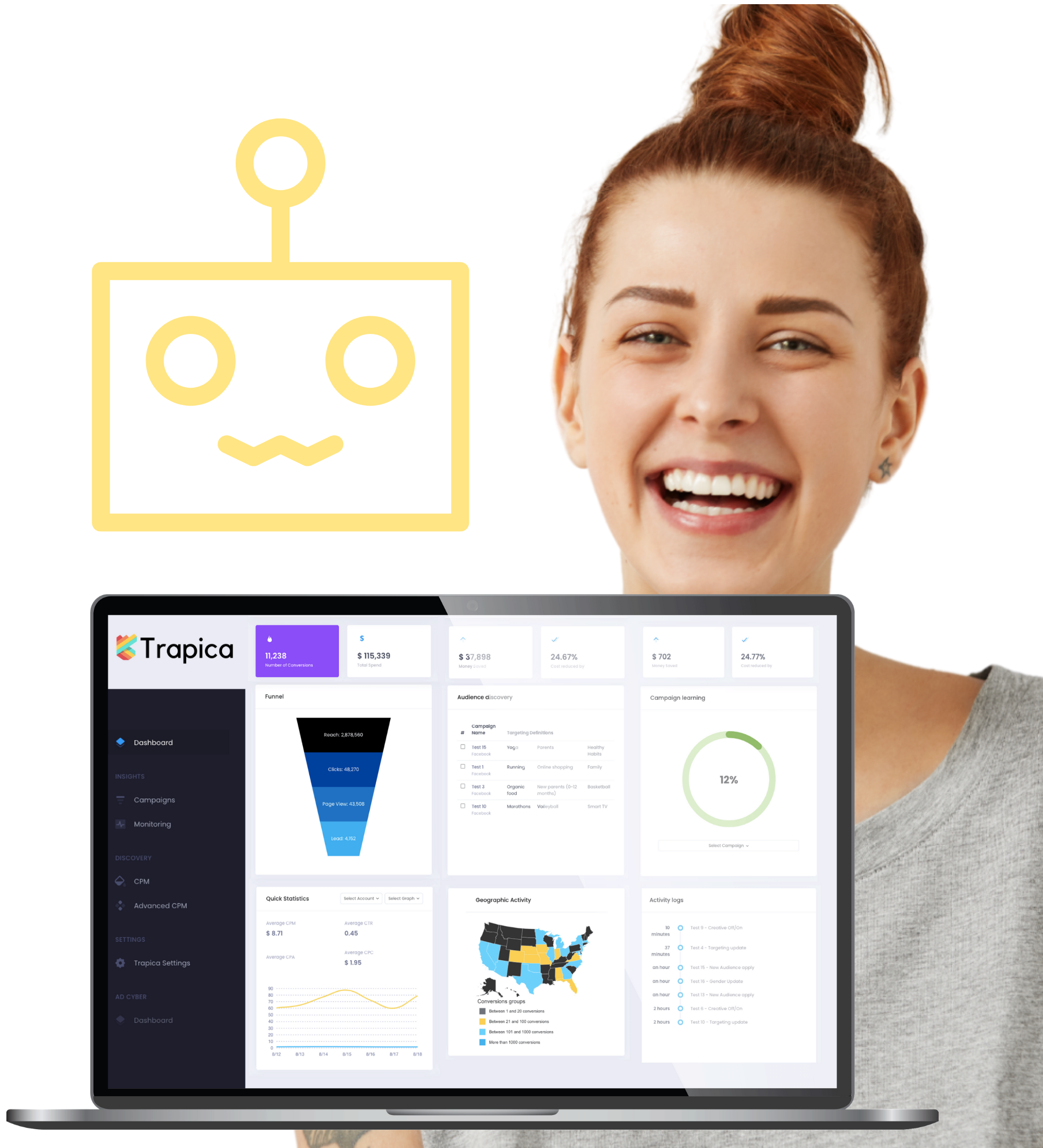 Woman behind computer screen with Trapica's dashboard.