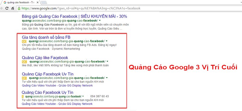 Vị trí hiển thị quảng cáo Google Adwords hiệu quả của một chiến dịch 2