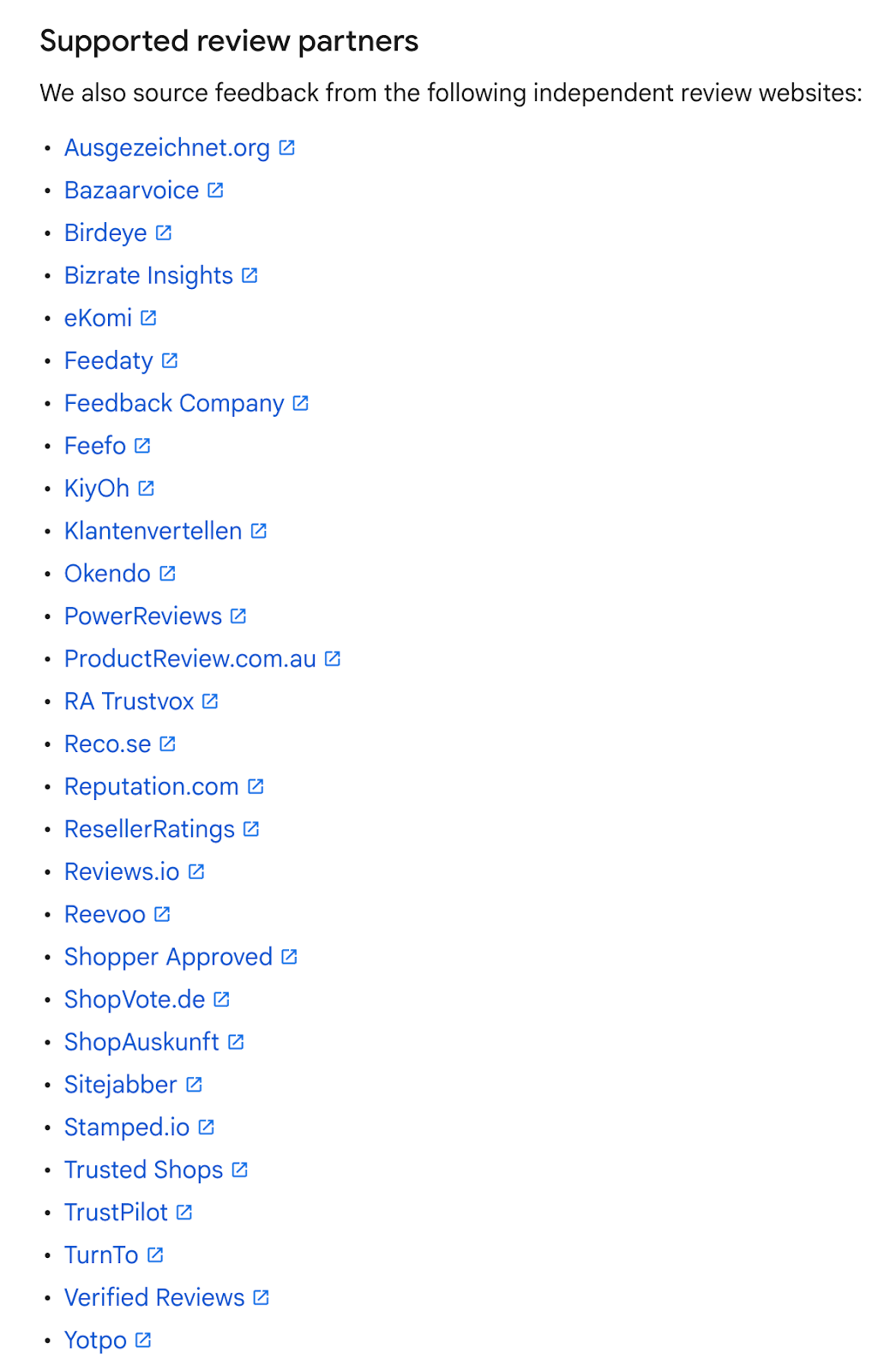 List of independent review websites Google uses for feedback, including Bazaarvoice, Birdeye, eKomi, Feefo, PowerReviews, TrustPilot, Yotpo, and others.
