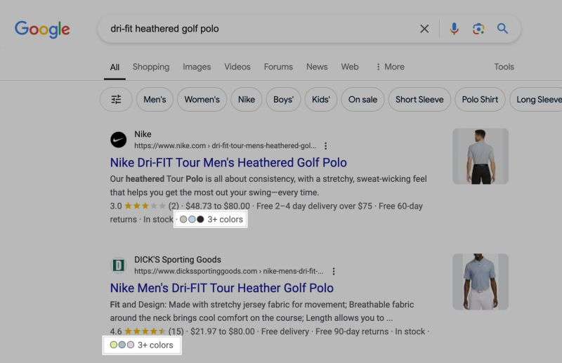 Google search results page for ‘dri-fit heathered golf polo’ showing Nike and Dick’s Sporting Goods listings with prices, delivery details, and ‘3+ colors’ swatches.