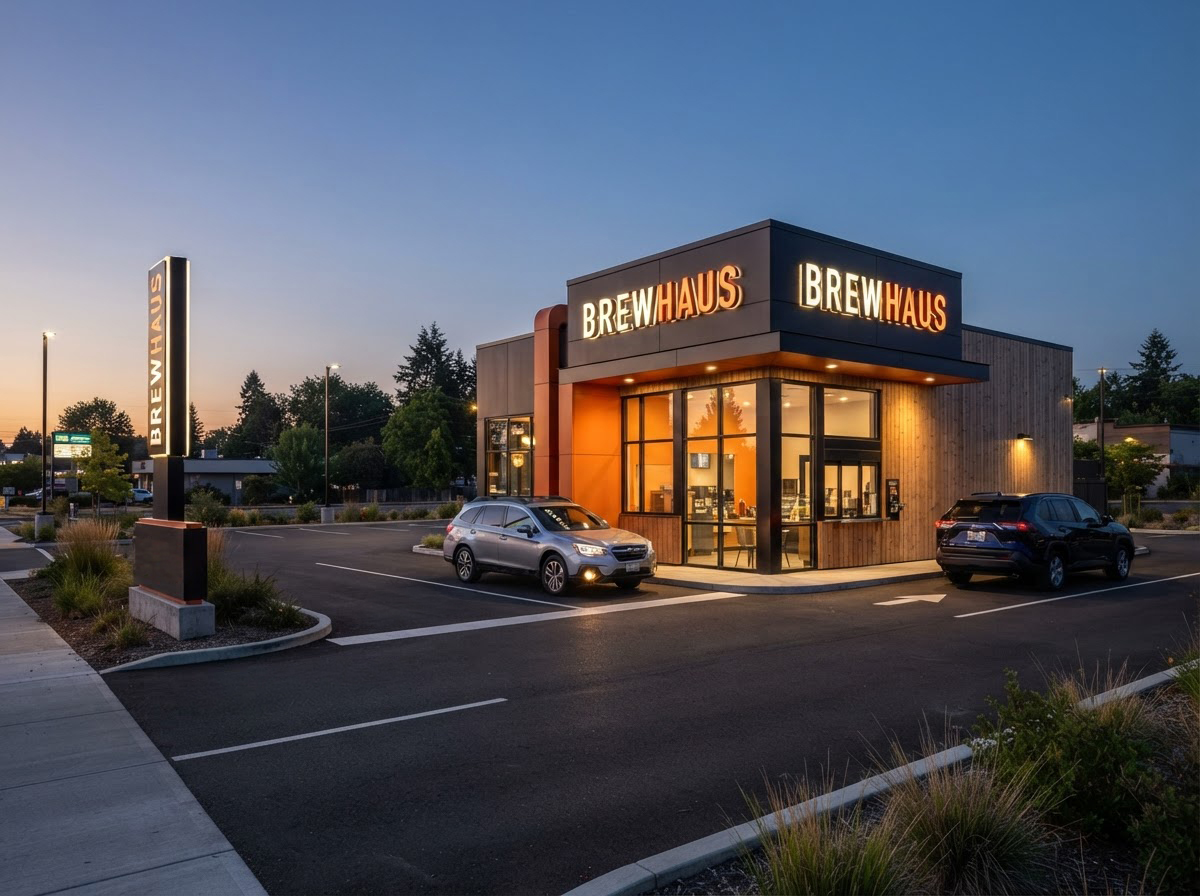 Concept rendering, not an actual installation — illustrating the kind of signage program with architectural LED lighting Dualite can build for a growing drive-thru coffee brand.