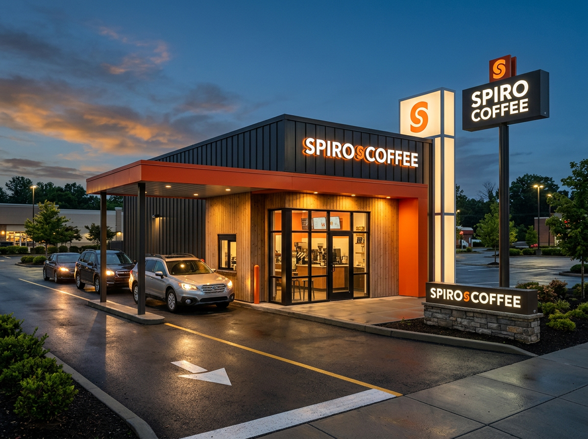 Concept rendering, not an actual installation — illustrating the kind of signage program with architectural LED lighting Dualite can build for a growing drive-thru coffee brand.