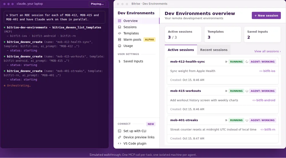 Claude starting parallel Remote Dev Environment sessions from a laptop, shown in the Bitrise Dev Environments dashboard