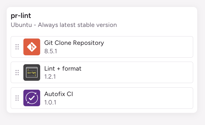 The Bitrise Workflow Editor showing a workflow named pr-lint with three steps in order: Git Clone Repository, Lint and format, then Autofix CI.