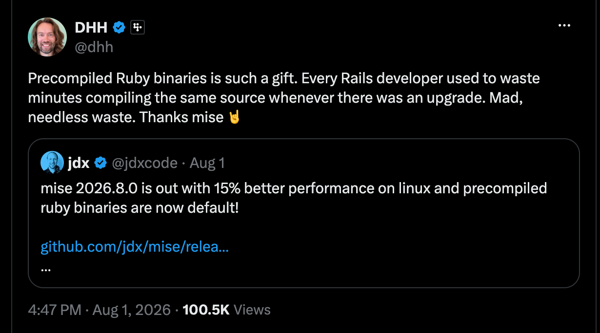 Post on X from DHH praising mise's new prebuilt Ruby binaries for faster installs.