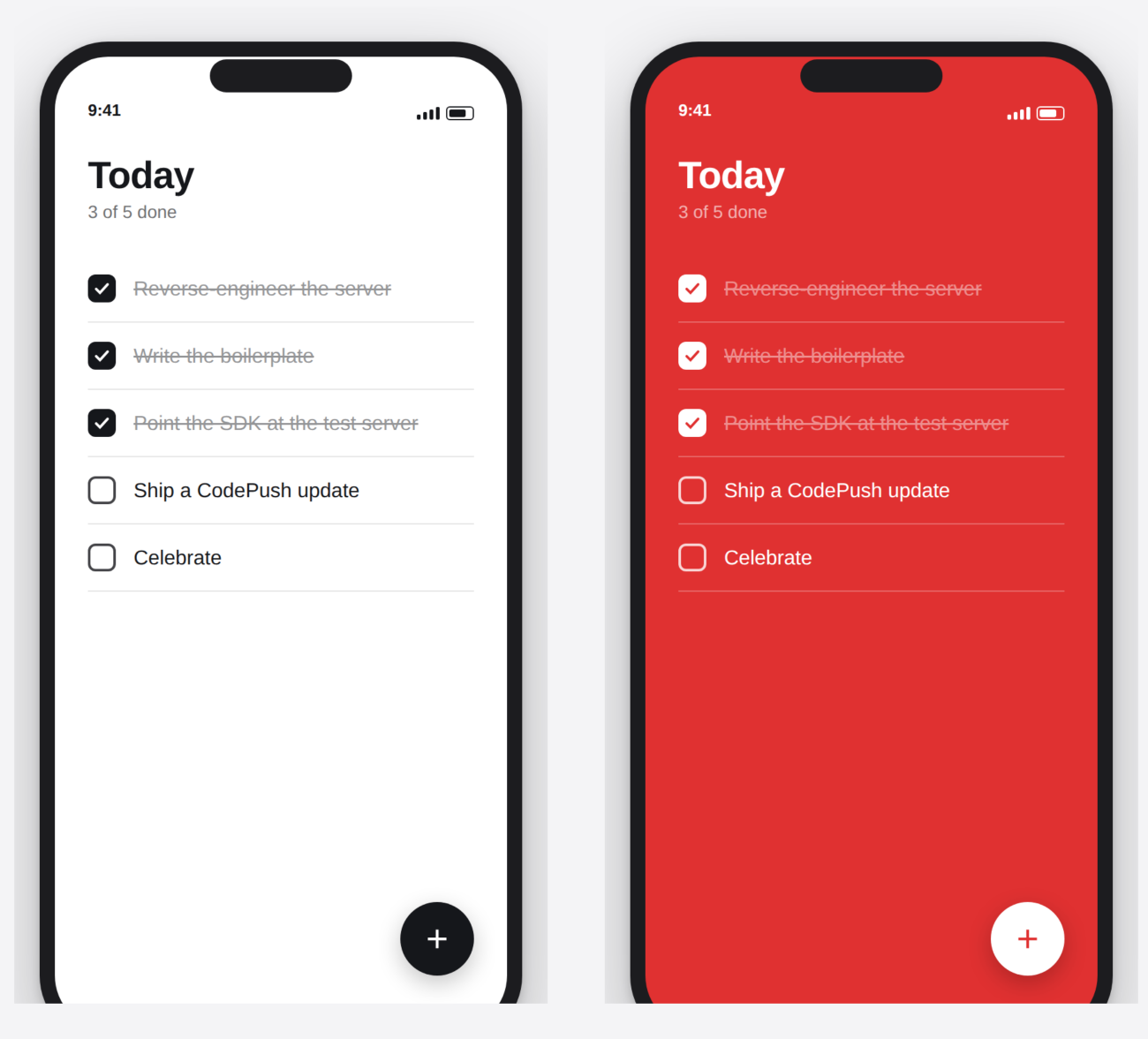 Two phone screens showing the same to-do app, one with a white background and one with a red background after a CodePush update.