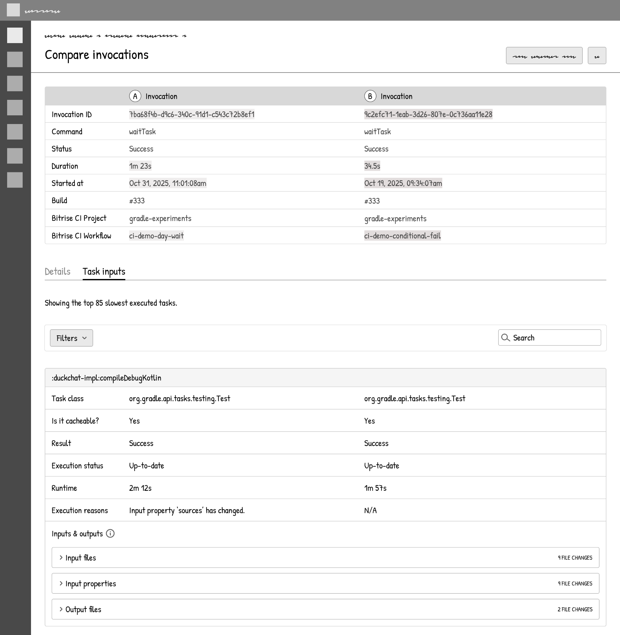 Low-fidelity wireframe of the Compare invocations page. Two Gradle build invocations sit side by side with their duration, start time and workflow. Below them, one task’s details show it ran because the input property “sources” changed.