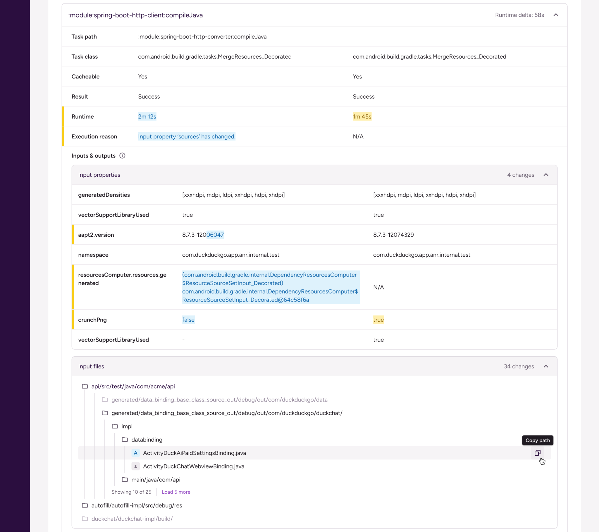 Final design of a task on the Compare page. Changed values are highlighted side by side, including runtime, execution reason, and input properties like aapt2.version and crunchPng. Below them, a paginated file tree lists the changed input files.