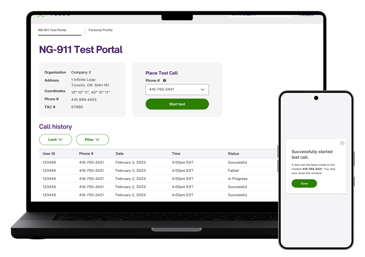 NG911 testing portal shown on laptop and mobile devices, for controlled professional review.