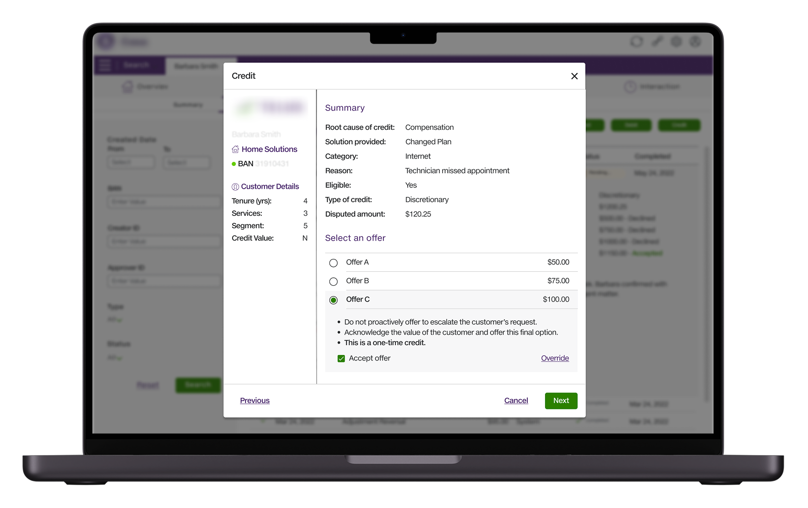 Credit Calculator interface shown on a laptop, for controlled professional review.
