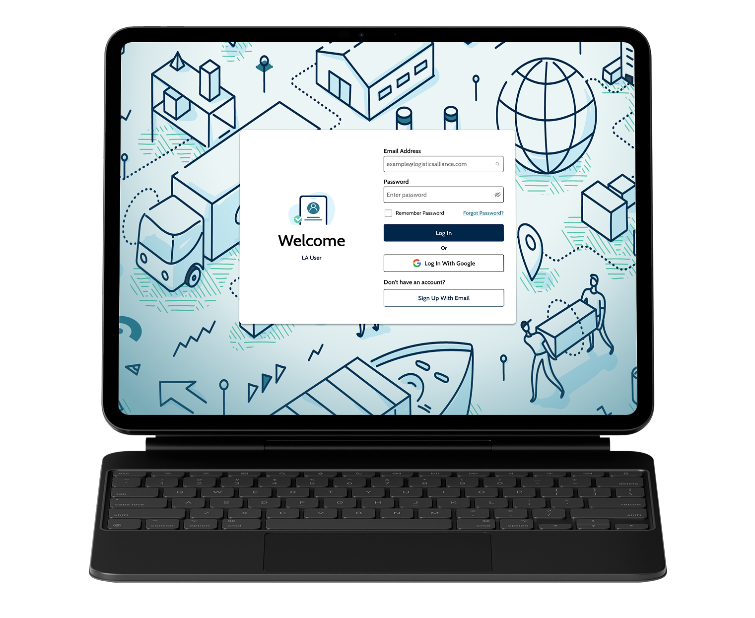 Shipment platform login interface shown on a tablet, for controlled professional review.