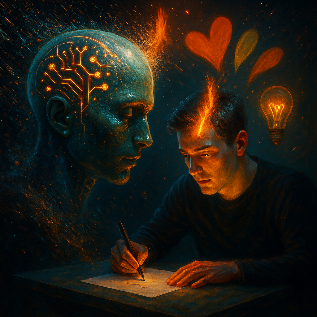 Designer working in an immersive digital environment that represents AI-augmented creative workflows.