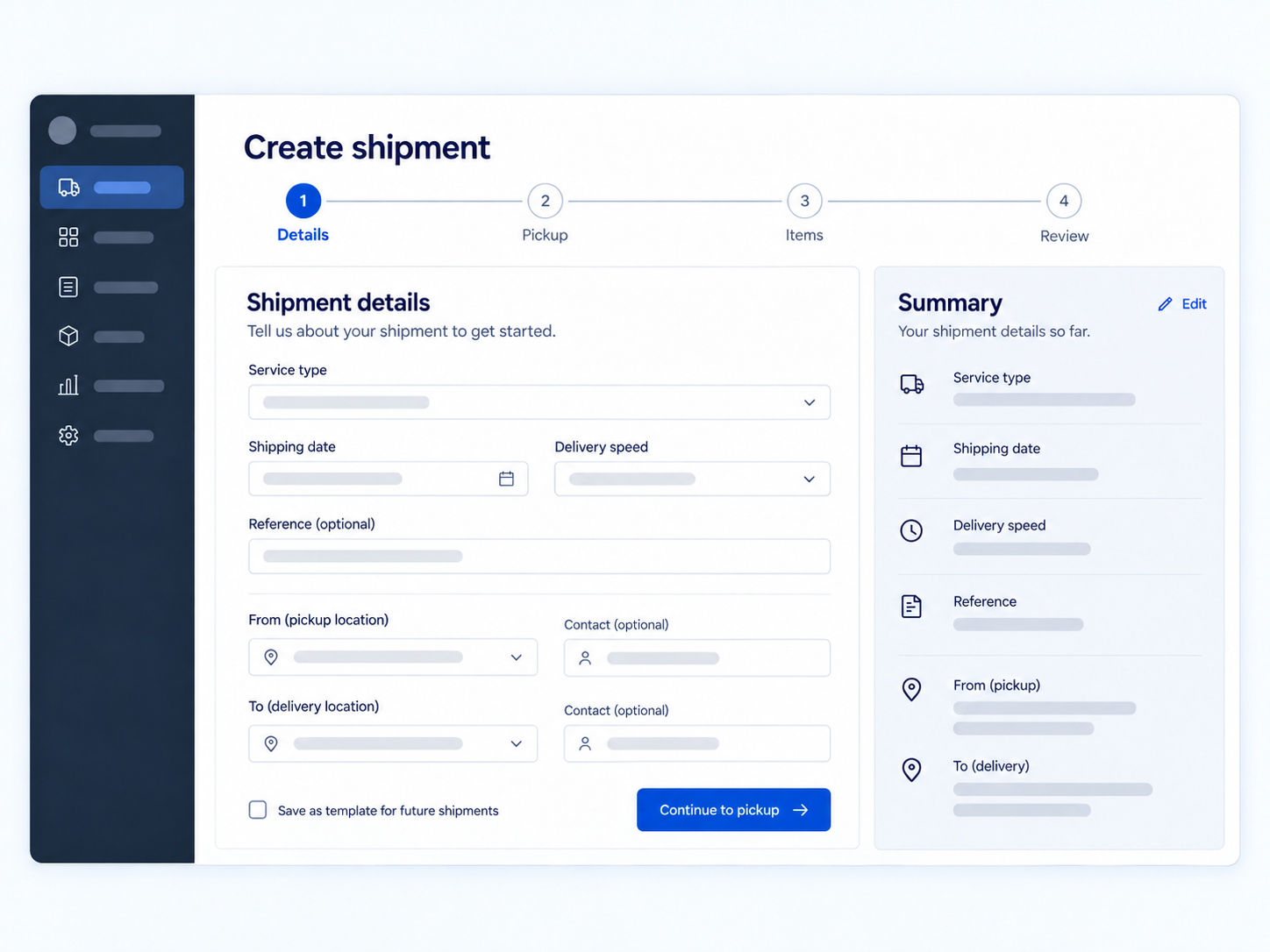 Anonymized public-safe shipment creation interface showing key workflow steps and required information.