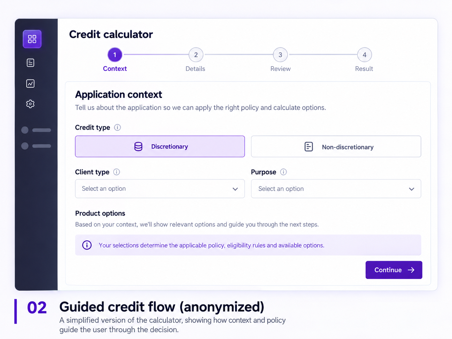 Anonymized public-safe guided credit calculator showing context, credit type, product options, and next-step guidance.