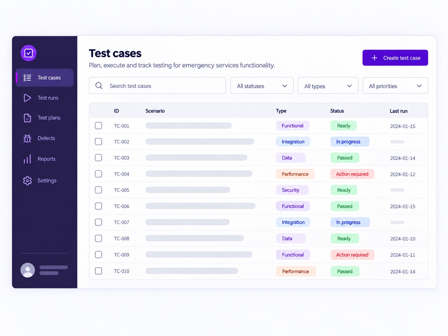 Anonymized public-safe NG911 test cases interface showing search, filters, status, type, and test-management actions.