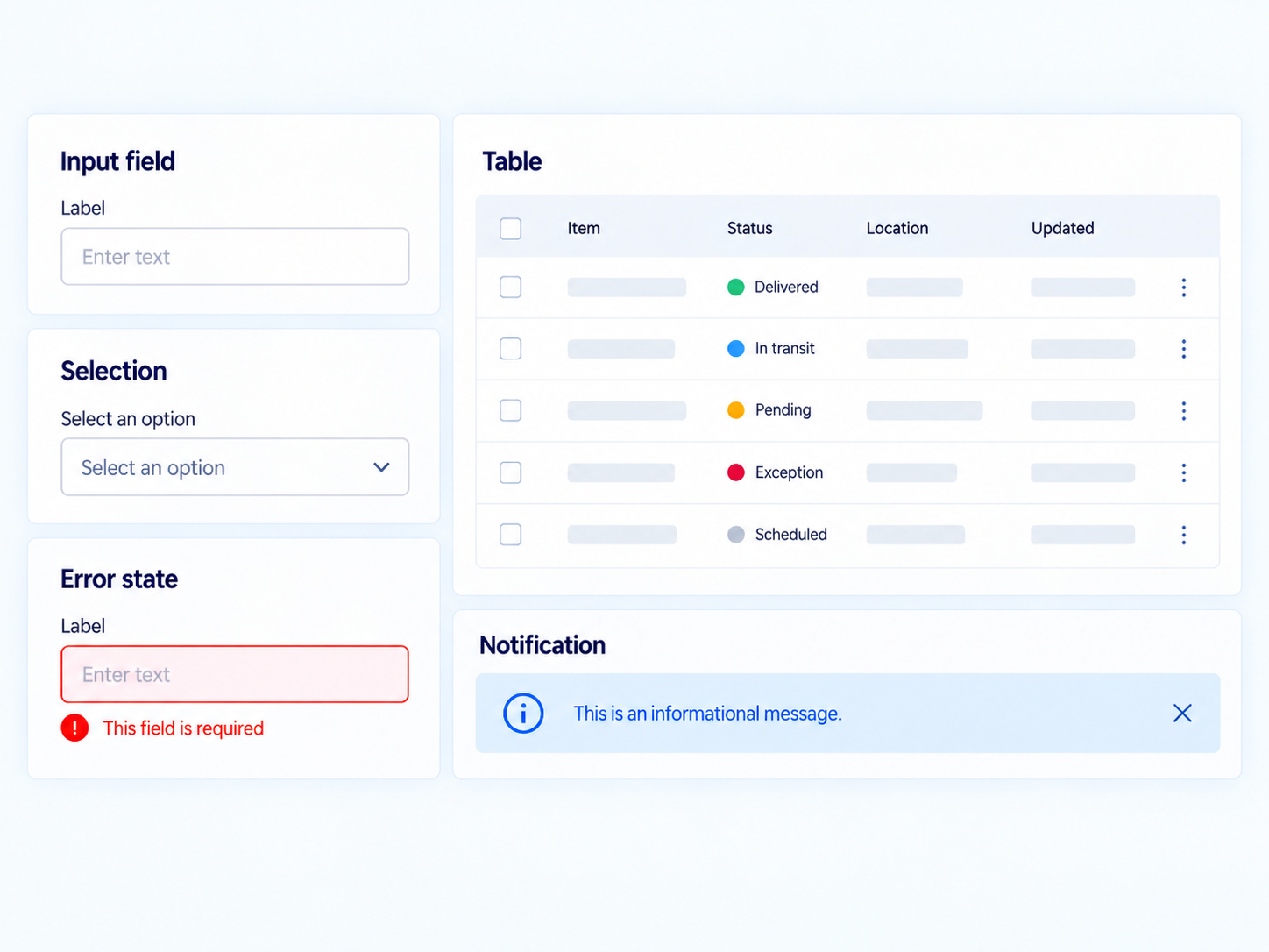 Anonymized public-safe component-system interface showing reusable states and patterns from the logistics design system.