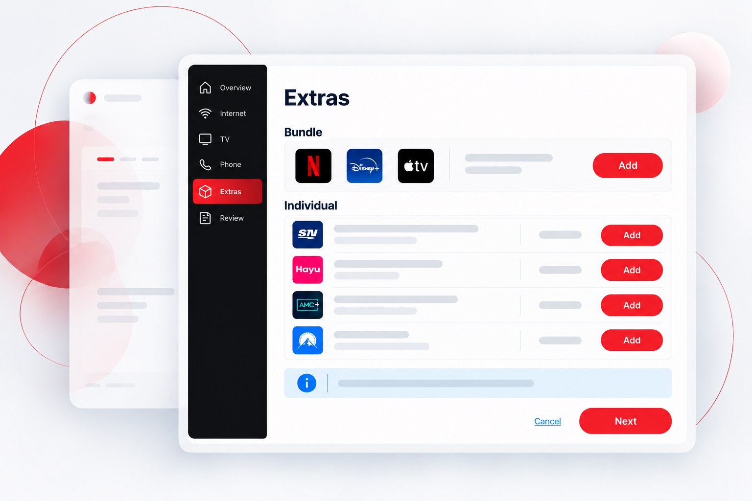 Anonymized public-safe subscription-management interface showing streaming add-ons, current and available services, pricing, and action states.