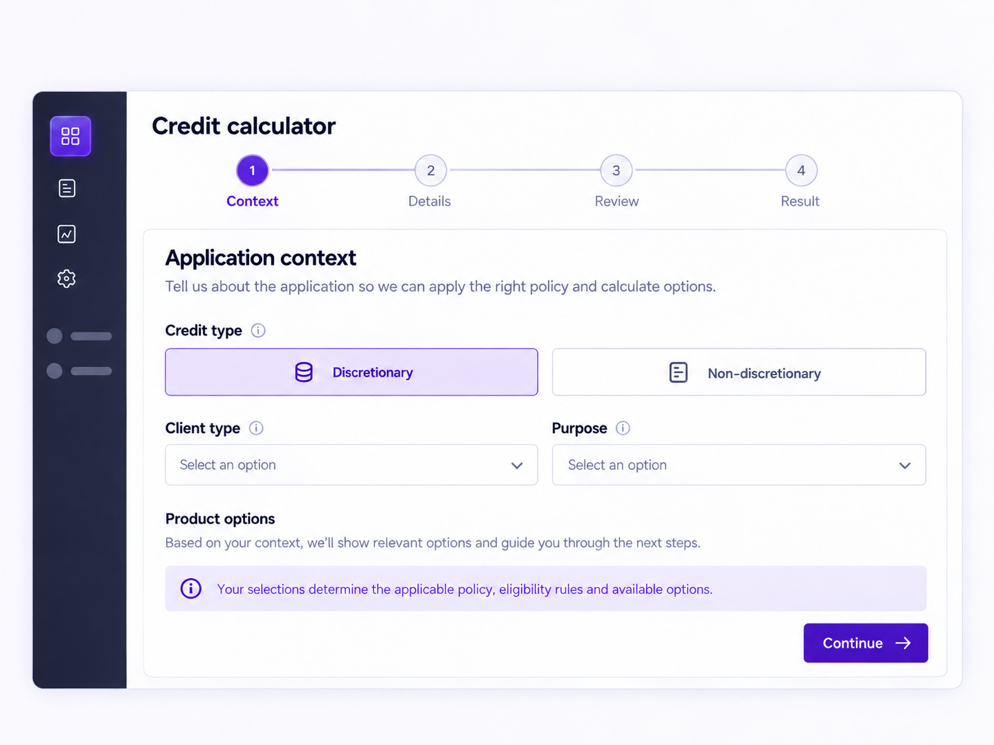 Anonymized public-safe guided credit calculator showing context, credit type, product options, and next-step guidance.
