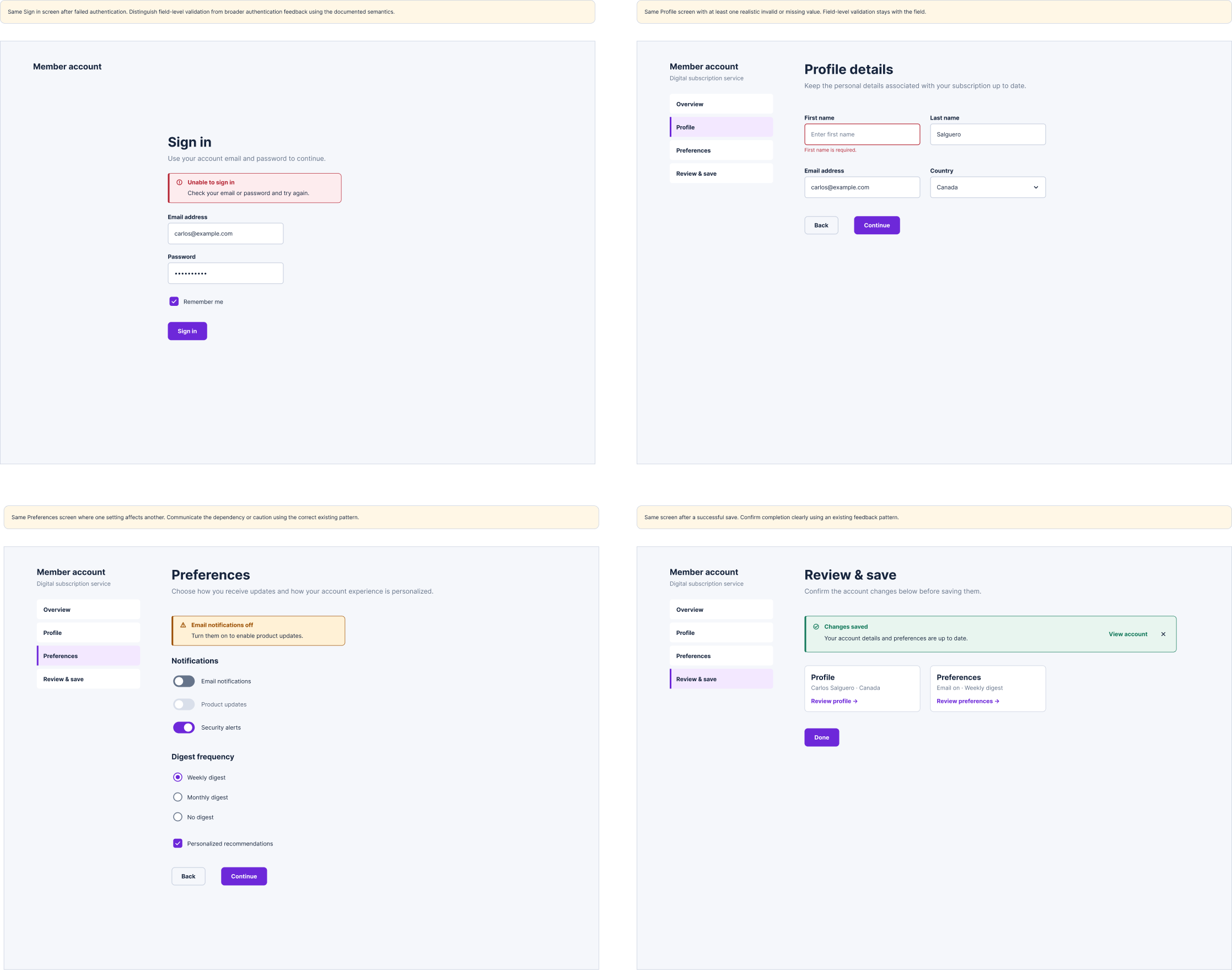 Alternate product states showing validation errors, dependency warnings and save failure within the account-management flow.