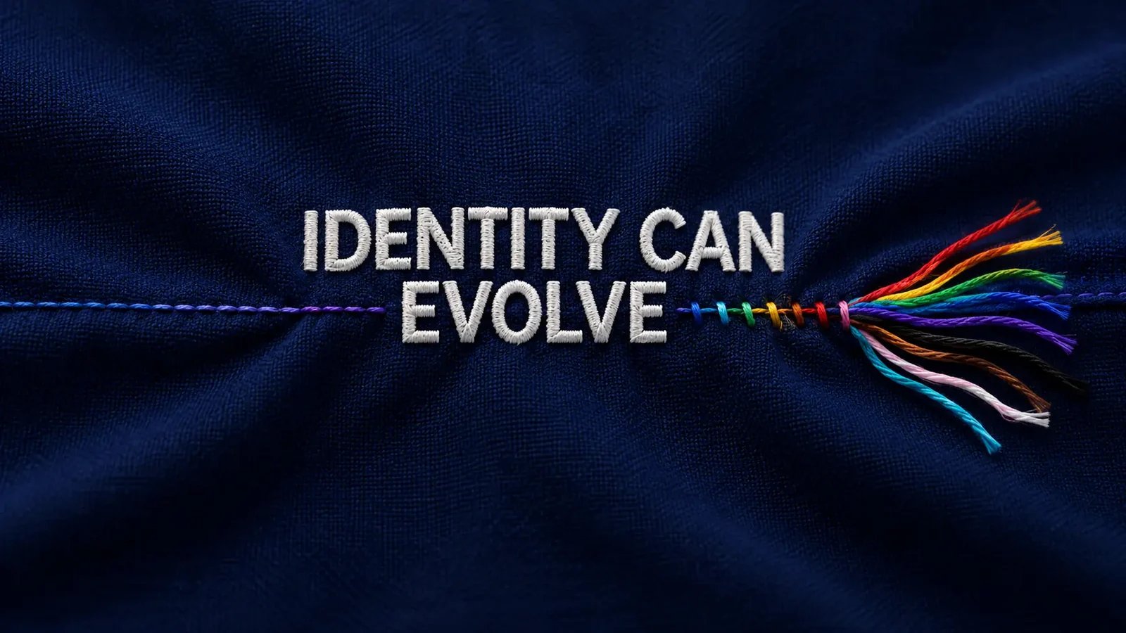 Navy fabric embroidered with the words Identity Can Evolve, with rainbow-coloured threads spreading from the fabric.