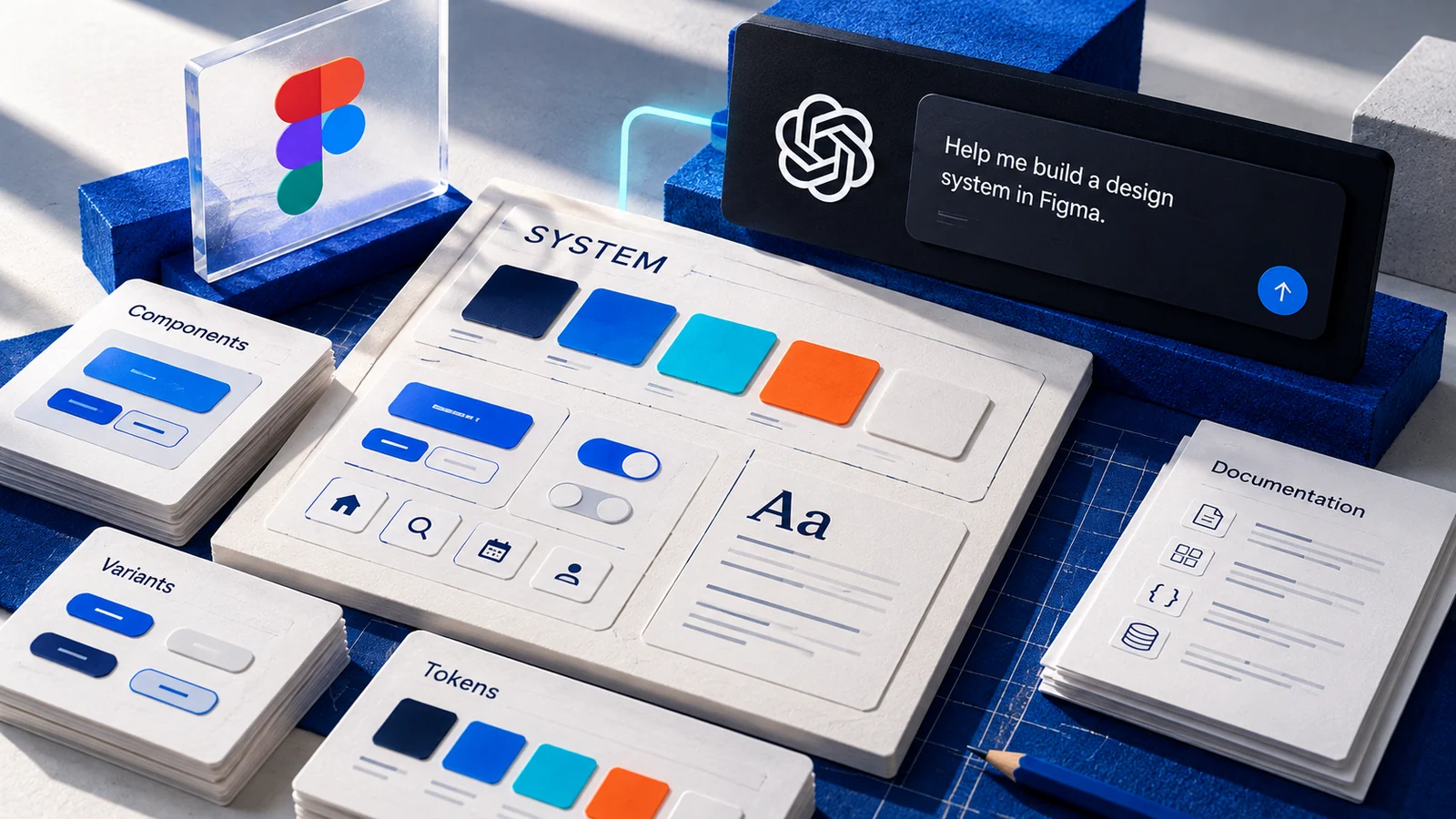 Tactile design-system boards displaying component variants, colour tokens and documentation alongside Figma and an AI prompt.