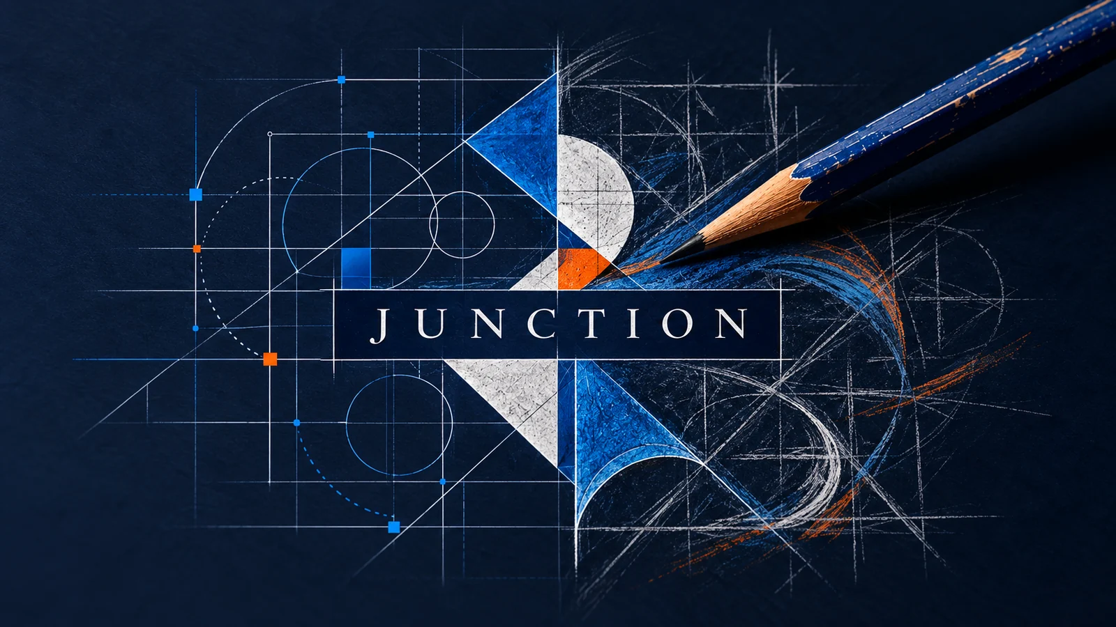 Geometric construction lines converging with expressive orange, blue and white pencil strokes around the word Junction.
