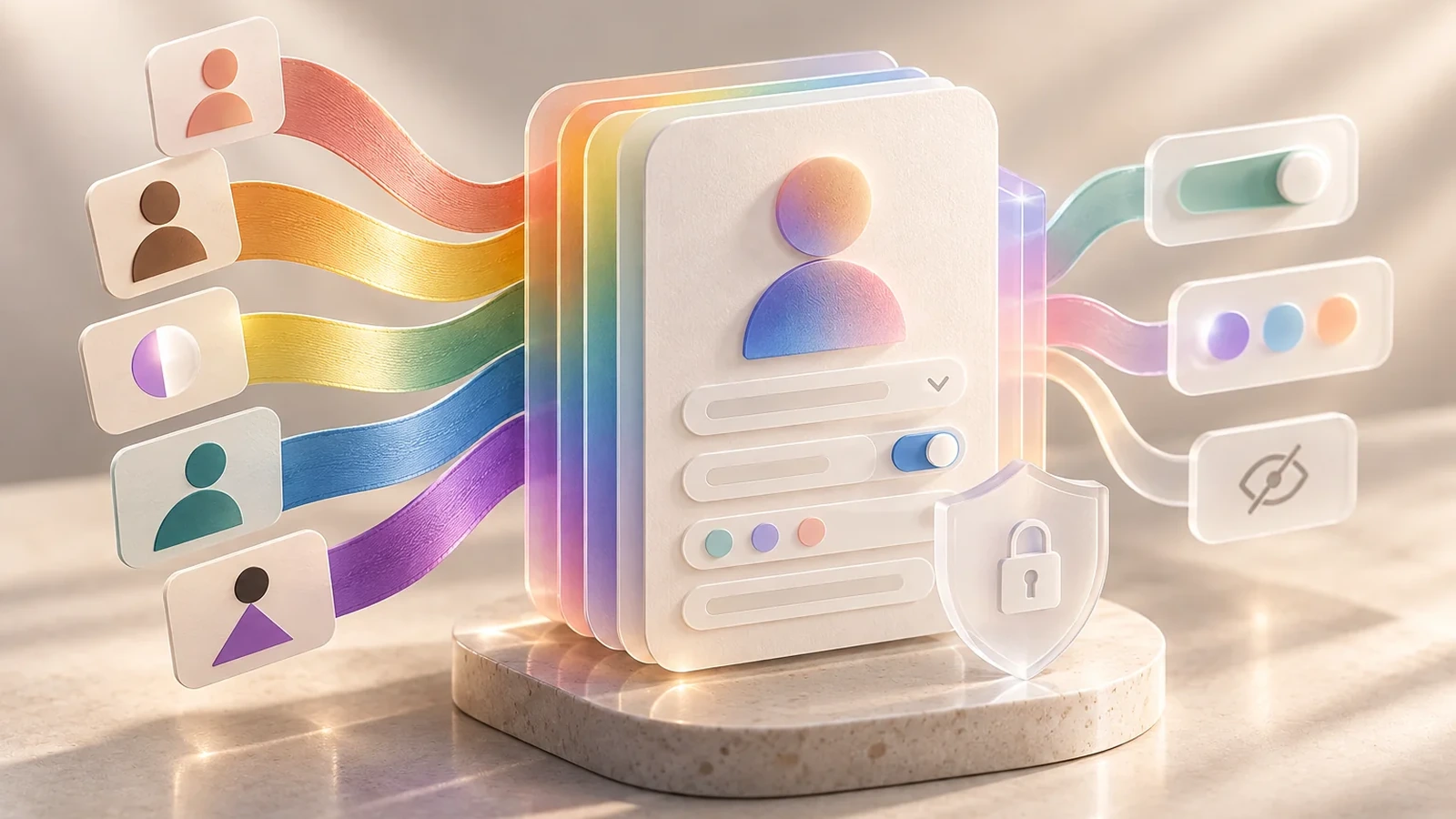 Colourful ribbons connect different profile symbols to an adaptable account interface with privacy and visibility controls.