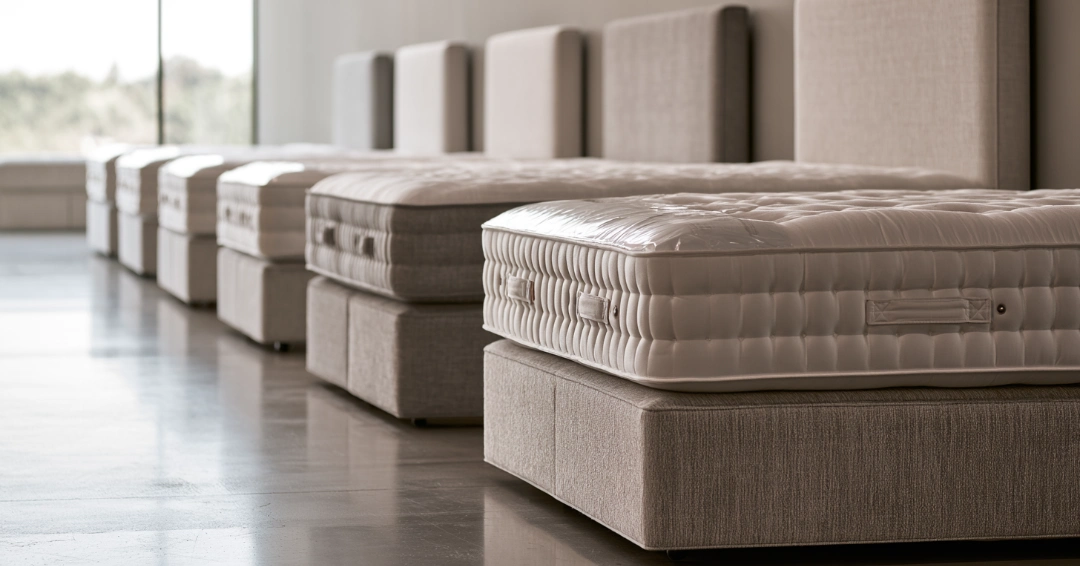 A row of mattresses on upholstered divan bases with fabric headboards in a quiet, daylit showroom