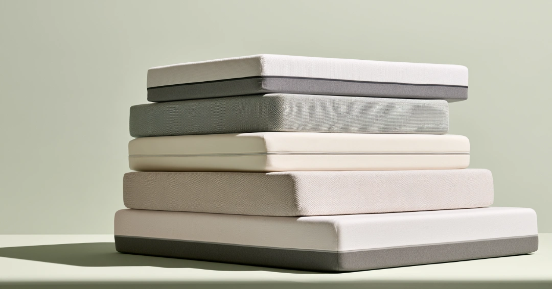 Five modern mattresses with different covers and depths stacked on top of each other against a pale green background