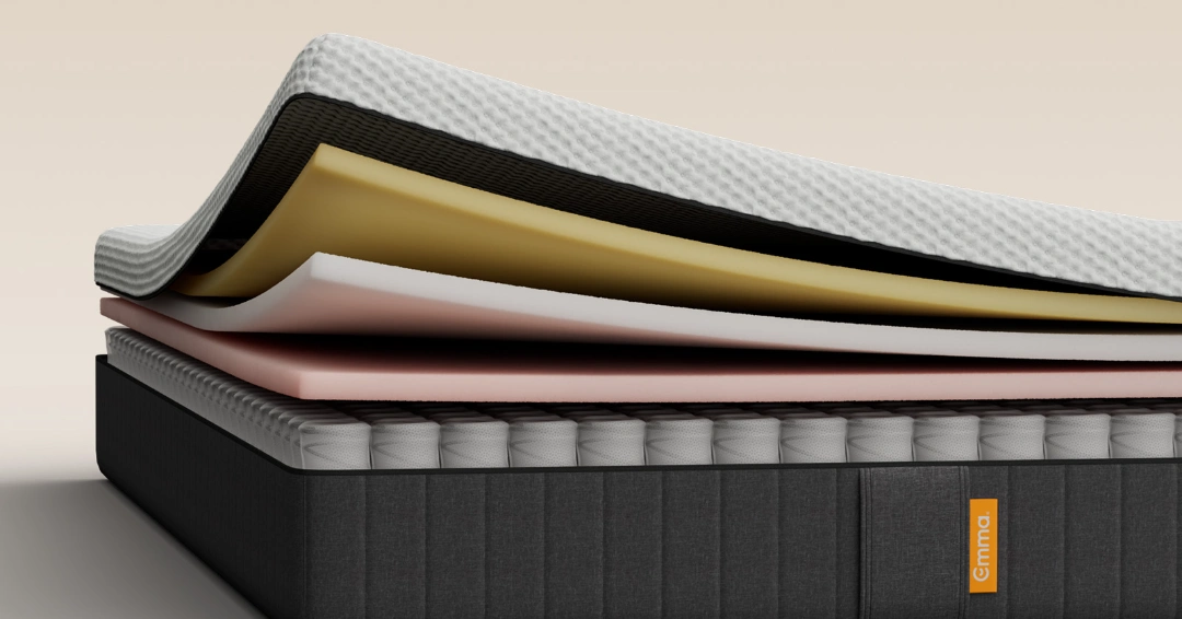 Cutaway of an Emma Hybrid mattress with its cover and foam layers peeled back above a pocket spring core