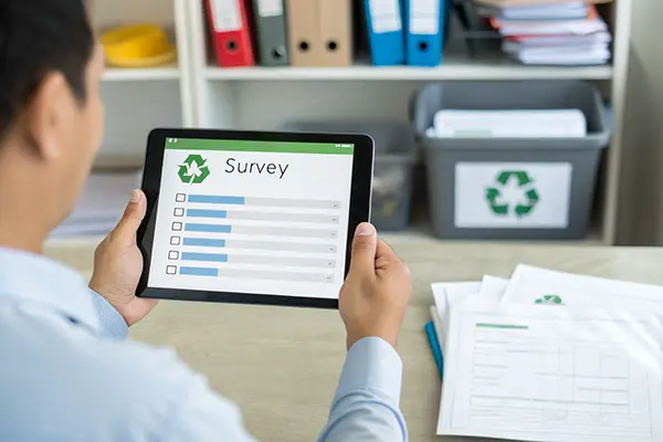 A scientist looking at a survey on a mobile tablet, looking over data from their research project.