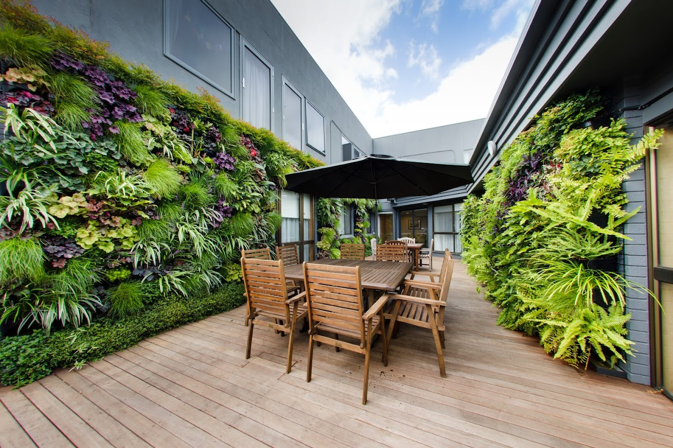 The leafy courtyard with living green walls at our MACG Parkdale retirement community, a favourite for Mordialloc residents.