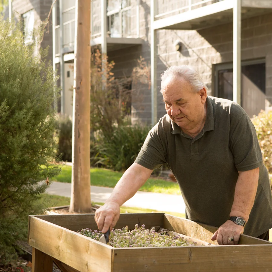 Resident gardening in the outdoor area at a residential aged care facility in Berwick.