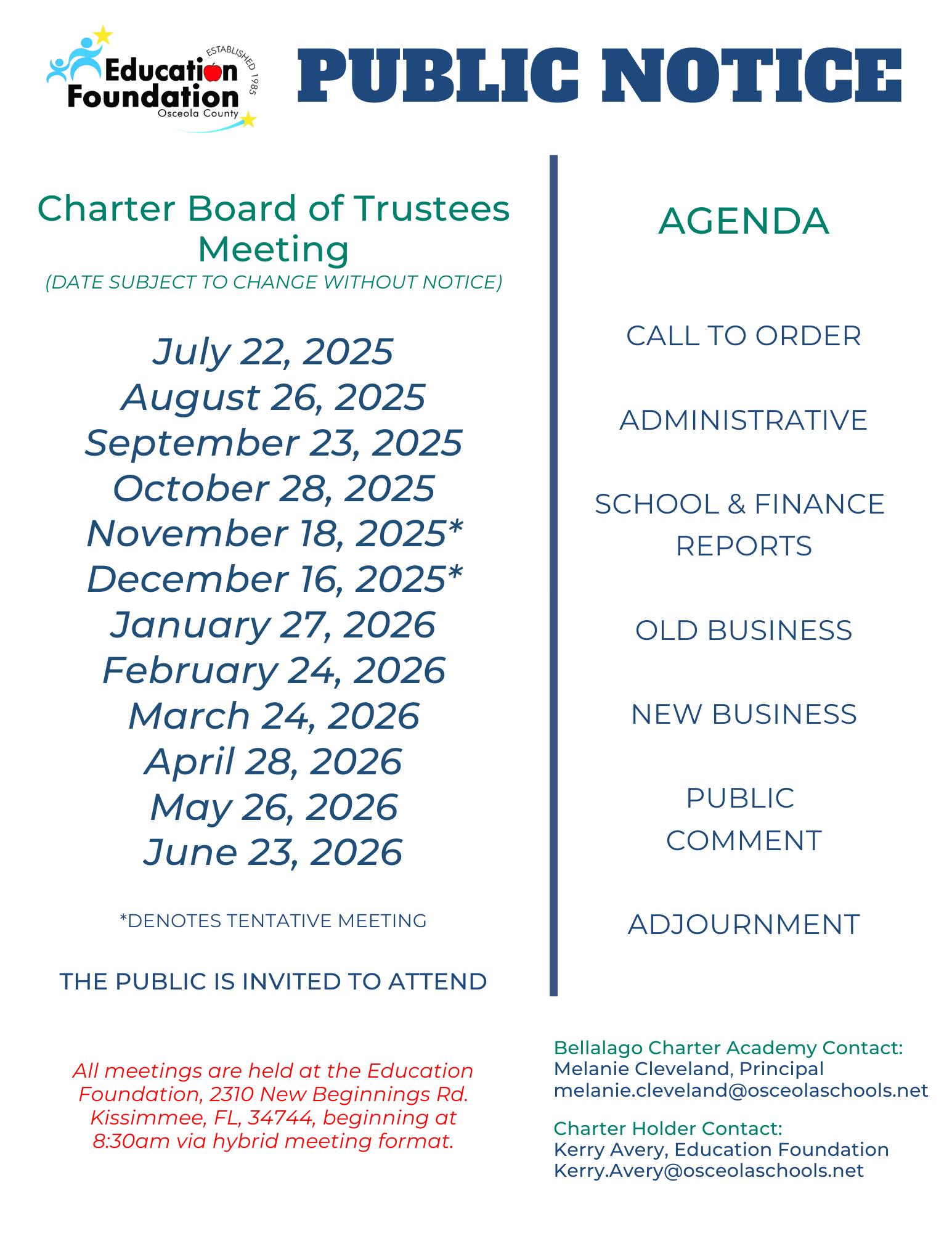 Charter board of trustees meeting schedule