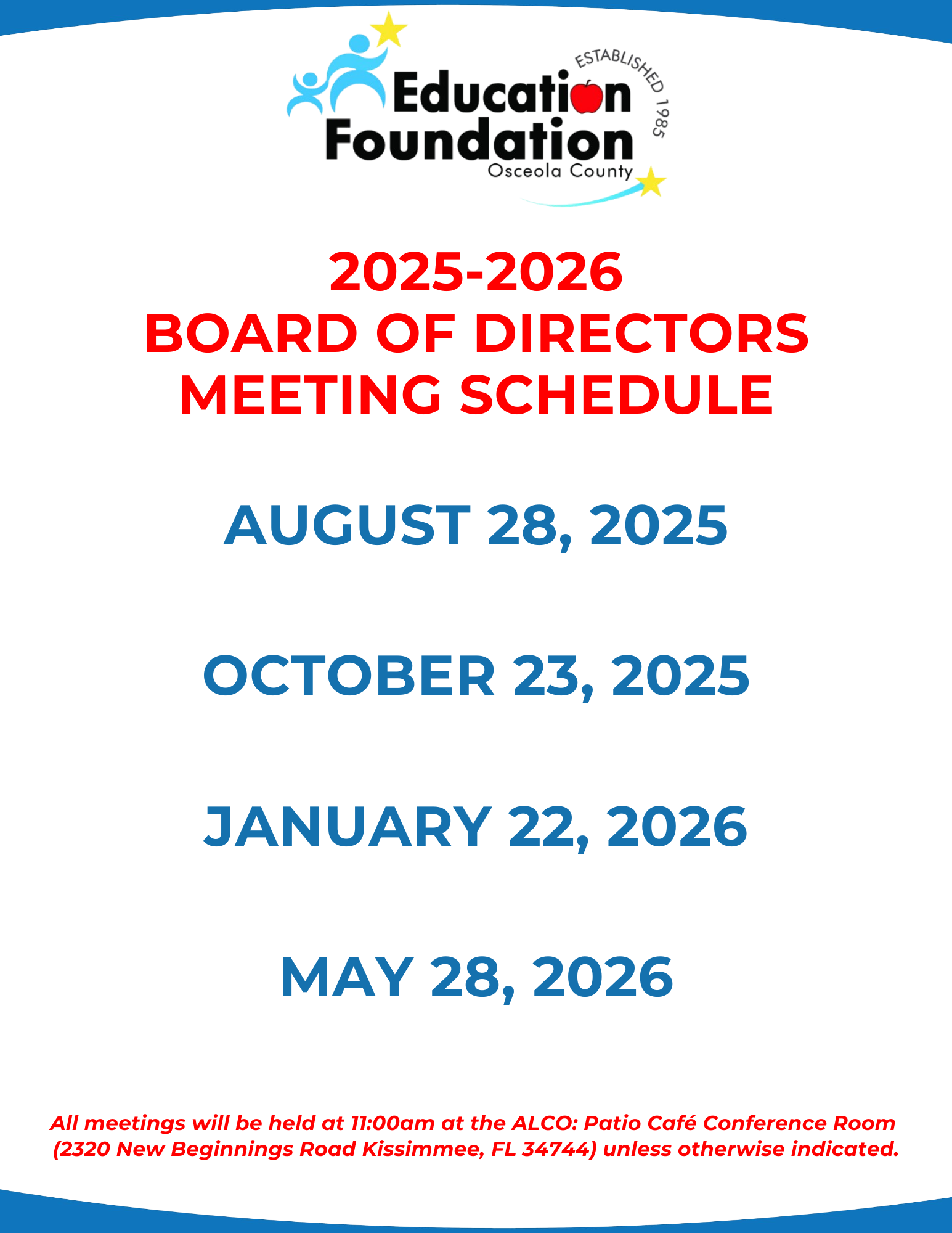 Board of Directors Meeting Schedule