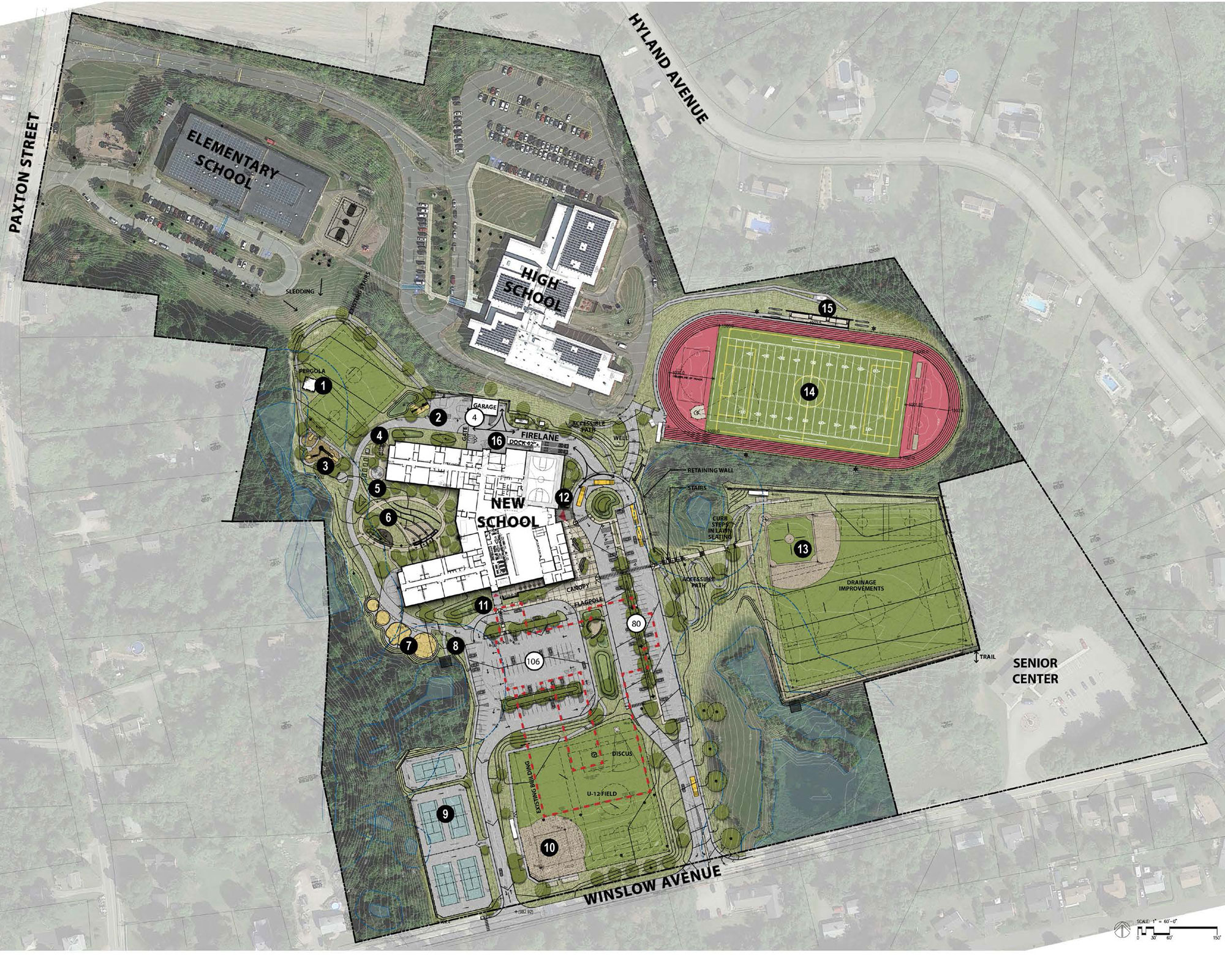 Leicester School plan with new school surrounded by a variety of landscaping and infrastructure elements, including parking, streets, tracks and fields.