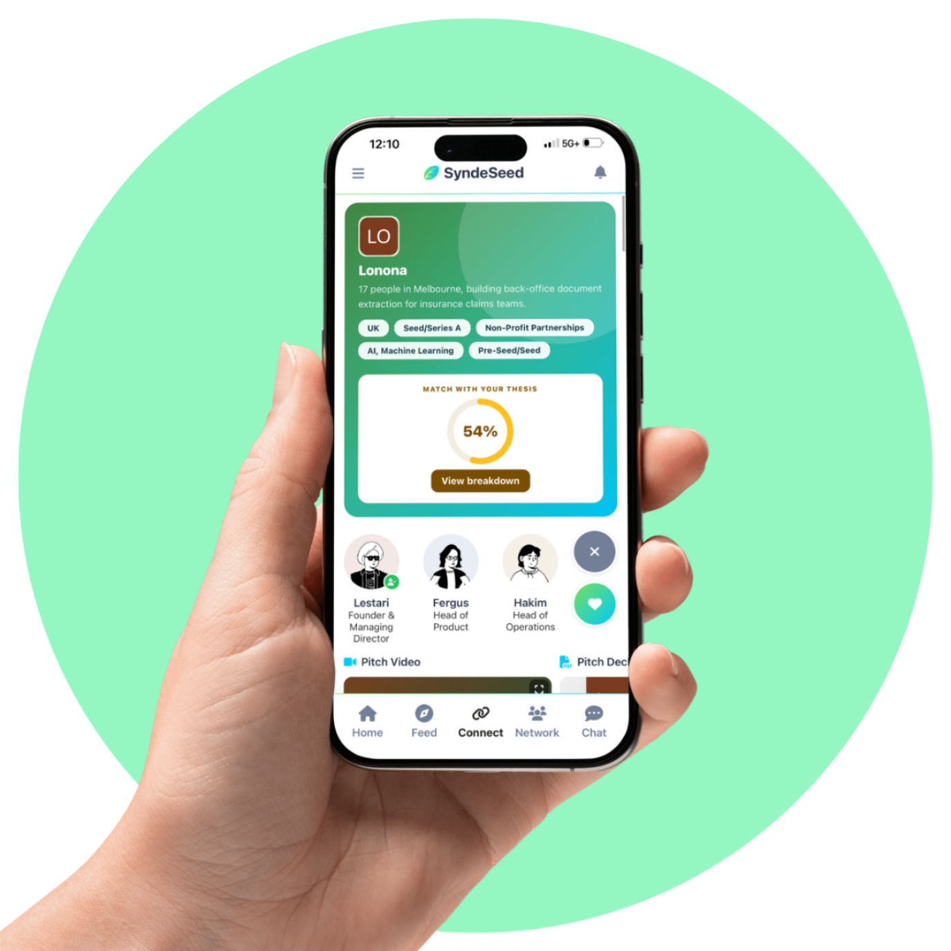 Hand holding phone showing SyndeSeed app dashboard.