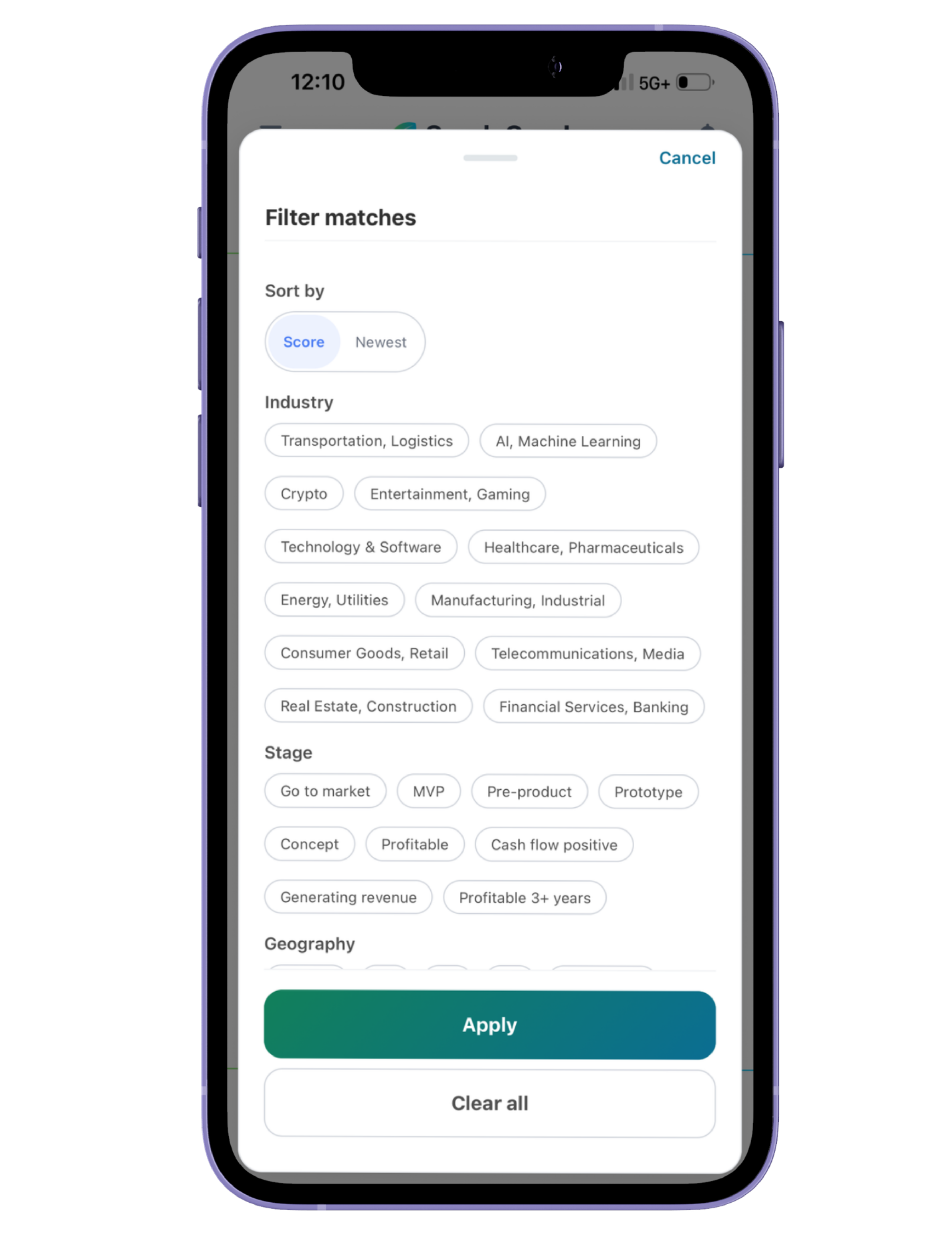 SyndeSeed filter screen for refining matches by sort order, industry, funding stage and geography.